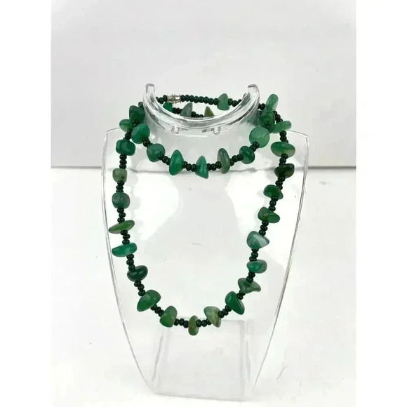 Natural Stone Green Agate Nugget Rock Beaded Necklace Seed Bead 20" - Picture 13 of 15